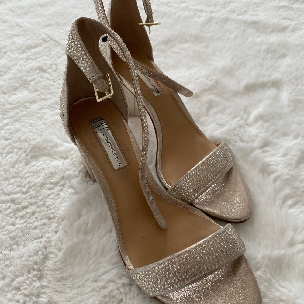 INC International Concepts Cream Sparkle Heeled Sandals with Block Heel